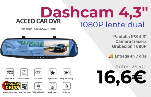 Dashcam espejo retrovisor 4,3 pulgadas por 16,6€