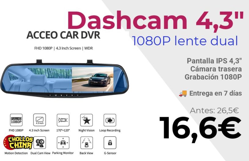 Dashcam espejo retrovisor 4,3 pulgadas por 16,6€