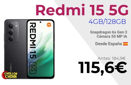 Redmi 15 5G 7000 mAh 6s Gen 3 por 115,6€